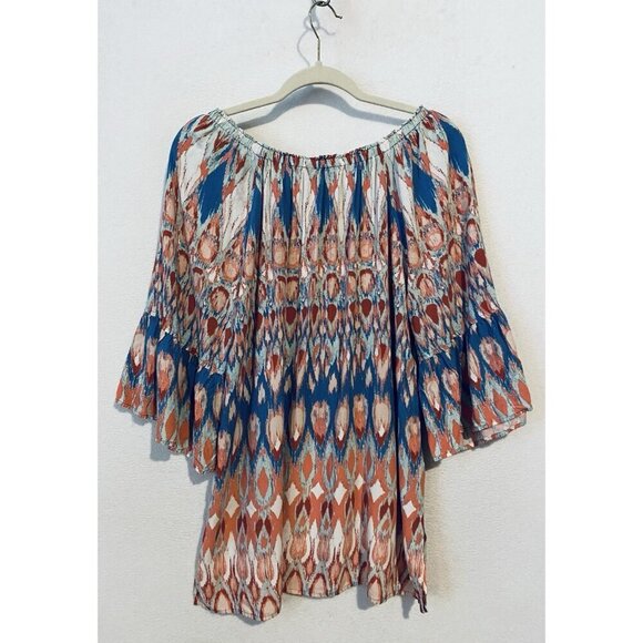 Ali Miles Top Womens XL Abstract Ikat Bell Sleeve Off The Shoulder Boho Peasant - Picture 3 of 7